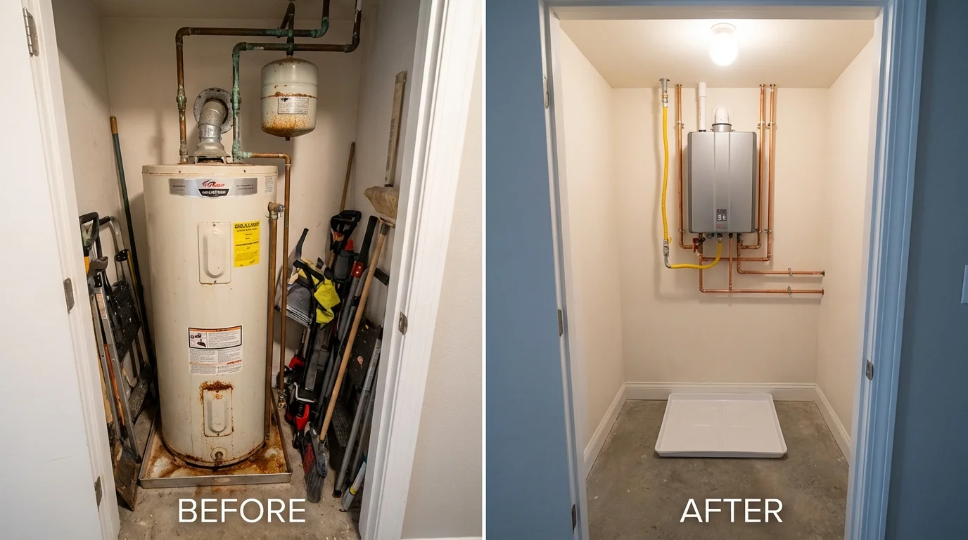 Tank water heater versus wall-mounted tankless unit comparison for Bridgeport, TX homeowners